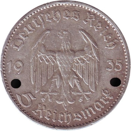 Монета 5 рейхсмарок. 1935 год, Германия (Третий Рейх). (D). Кирха. Монета 5 рейхсмарок. 1935 год, Германия (Третий Рейх). (D). Кирха.