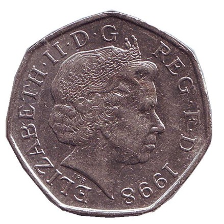 Монета 50 пенсов. 1998 год, Великобритания. 25 лет присоединению Великобритании к Евросоюзу. Монета 50 пенсов. 1998 год, Великобритания. 25 лет присоединению Великобритании к Евросоюзу.