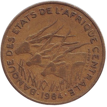 Монета 25 франков. 1984 год, Центральные Африканские Штаты. Африканские антилопы. (Западные канны).