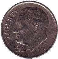 Монета 10 центов. 2014 (D) год, США. Рузвельт. Монета 10 центов. 2014 (D) год, США. Рузвельт.