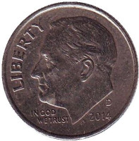 Рузвельт. Монета 10 центов. 2014 (D) год, США.