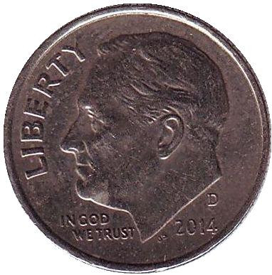 Монета 10 центов. 2014 (D) год, США. Рузвельт.