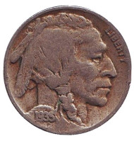 Монета 5 центов. 1935 год (P), США. Бизон. Индеец. Монета 5 центов. 1935 год (P), США. Бизон. Индеец.