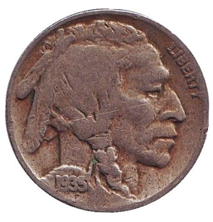 Монета 5 центов. 1935 год (P), США. Бизон. Индеец.