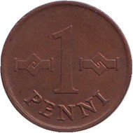 Монета 1 пенни. 1966 год, Финляндия. Монета 1 пенни. 1966 год, Финляндия.