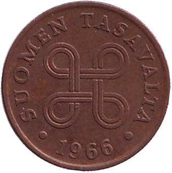 Монета 1 пенни. 1966 год, Финляндия.