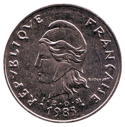 Монета 50 франков. 1985 год, Французская Полинезия. aUNC. Скалистый остров Муреа.