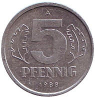 Монета 5 пфеннигов. 1988 год, ГДР. Монета 5 пфеннигов. 1988 год, ГДР.
