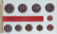 Набор монет ФРГ (10 шт.). 1980 год. (F). Набор монет ФРГ (10 шт.). 1980 год. (F).