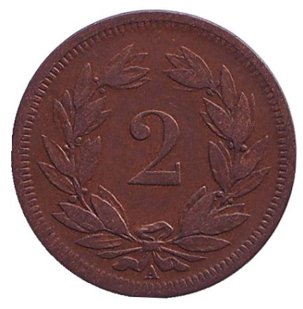 Монета 2 раппена. 1851 год, Швейцария.