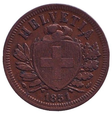 Монета 2 раппена. 1851 год, Швейцария. Монета 2 раппена. 1851 год, Швейцария.