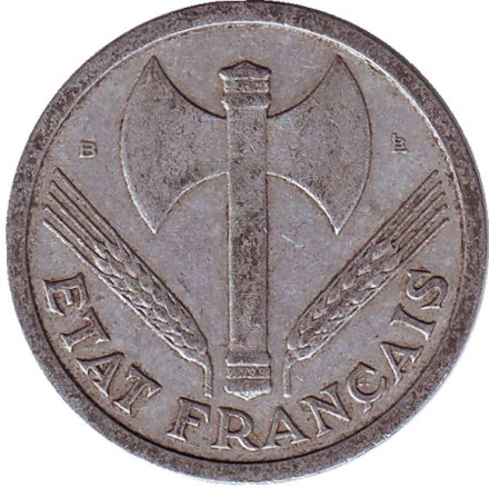 Монета 2 франка. 1944 год (B), Франция. Режим Виши. Travail Famille Patrie.