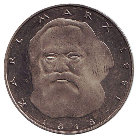 Монета 5 марок. 1983 год, ФРГ. Из обращения. 100 лет со дня смерти Карла Маркса.