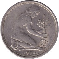 Монета 50 пфеннигов. 1974 (F) год, ФРГ. Женщина, сажающая дуб. Монета 50 пфеннигов. 1974 (F) год, ФРГ. Женщина, сажающая дуб.