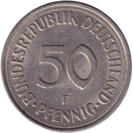 Монета 50 пфеннигов. 1974 (F) год, ФРГ. Женщина, сажающая дуб. Монета 50 пфеннигов. 1974 (F) год, ФРГ. Женщина, сажающая дуб.