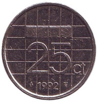 Монета 25 центов. 1992 год, Нидерланды. Монета 25 центов. 1992 год, Нидерланды.