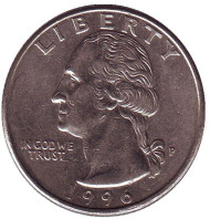 Монета 25 центов. 1996 (P) год, США. Вашингтон. Монета 25 центов. 1996 (P) год, США. Вашингтон.