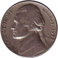 Монета 5 центов. 1952 год, США. Джефферсон. Монтичелло. Монета 5 центов. 1952 год, США. Джефферсон. Монтичелло.