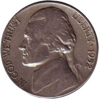 Джефферсон. Монтичелло. Монета 5 центов. 1952 год, США.