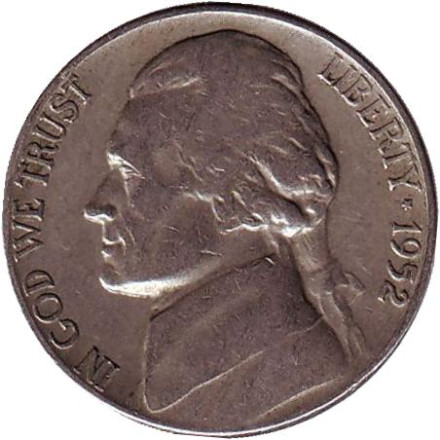 Монета 5 центов. 1952 год, США. Джефферсон. Монтичелло.