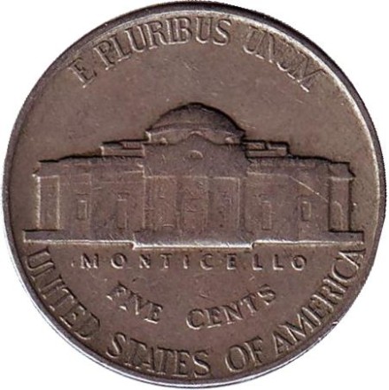 Монета 5 центов. 1952 год, США. Джефферсон. Монтичелло. Монета 5 центов. 1952 год, США. Джефферсон. Монтичелло.