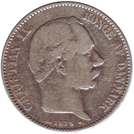 Монета 2 кроны. 1875 год, Дания. Король Кристиан IX. Монета 2 кроны. 1875 год, Дания. Король Кристиан IX.