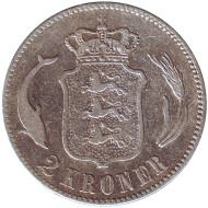 Монета 2 кроны. 1875 год, Дания. Король Кристиан IX. Монета 2 кроны. 1875 год, Дания. Король Кристиан IX.