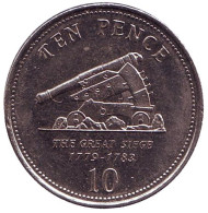 Монета 10 пенсов. 2011 год, Гибралтар. Большая осада Гибралтара. Пушка.