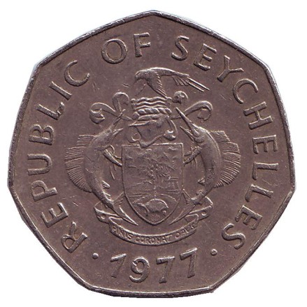 Монета 5 рупий. 1977 год, Сейшельские острова. Кокосовая пальма. Монета 5 рупий. 1977 год, Сейшельские острова. Кокосовая пальма.