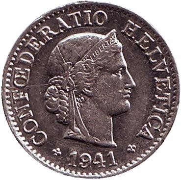 Монета 5 раппенов. 1941 год, Швейцария. (Магнитная) Монета 5 раппенов. 1941 год, Швейцария. (Магнитная)