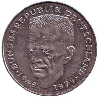 Курт Шумахер. Монета 2 марки. 1989 год (J), ФРГ. 