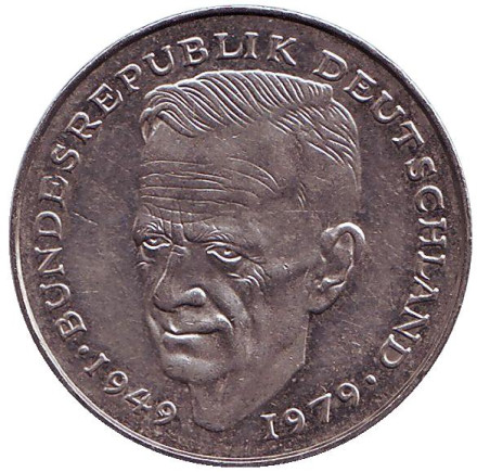 Монета 2 марки. 1989 год (J), ФРГ. Курт Шумахер.