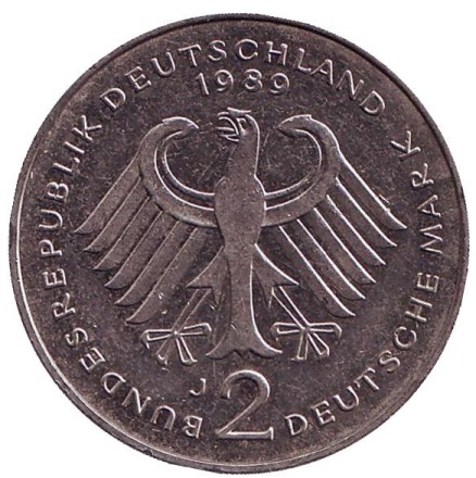 Монета 2 марки. 1989 год (J), ФРГ. Курт Шумахер. Монета 2 марки. 1989 год (J), ФРГ. Курт Шумахер.