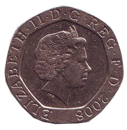 Монета 20 пенсов. 2008 год, Великобритания. (Новый тип). Монета 20 пенсов. 2008 год, Великобритания. (Новый тип).