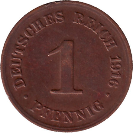 Монета 1 пфенниг. 1916 год (D), Германская империя.