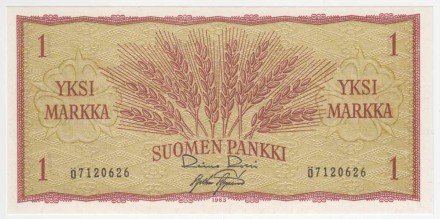 Банкнота 1 марка. 1963 год, Финляндия. P-98a(25). Пресс.