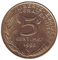 Монета 5 сантимов. 1990 год, Франция. Монета 5 сантимов. 1990 год, Франция.