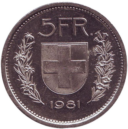 Монета 5 франков. 1981 год, Швейцария. Вильгельм Телль. Монета 5 франков. 1981 год, Швейцария. Вильгельм Телль.