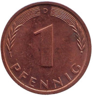 Монета 1 пфенниг. 1988 год (D), ФРГ. Дубовые листья. Монета 1 пфенниг. 1988 год (D), ФРГ. Дубовые листья.