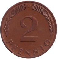 Монета 2 пфеннига. 1969 год (D), ФРГ. Дубовые листья. Монета 2 пфеннига. 1969 год (D), ФРГ. Дубовые листья.