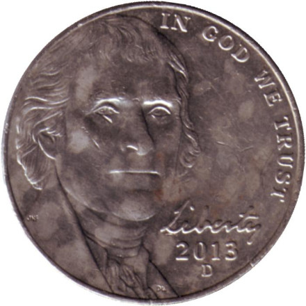 Монета 5 центов. 2013 год (D), США. Джефферсон. Монтичелло.