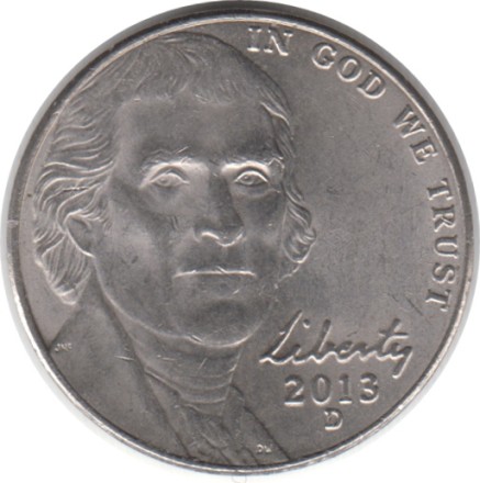 Монета 5 центов. 2013 год (D), США. Джефферсон. Монтичелло.