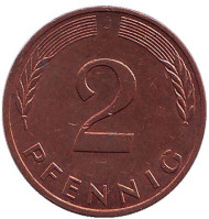 Монета 2 пфеннига. 1989 год (J), ФРГ. Дубовые листья. Монета 2 пфеннига. 1989 год (J), ФРГ. Дубовые листья.