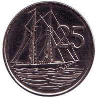 Монета 25 центов. 2008 год, Каймановы острова. Парусник.