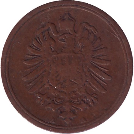 Монета 1 пфенниг. 1886 год (А), Германская империя.