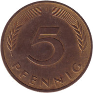 Монета 5 пфеннигов. 1985 год (J), ФРГ. Дубовые листья. Монета 5 пфеннигов. 1985 год (J), ФРГ. Дубовые листья.