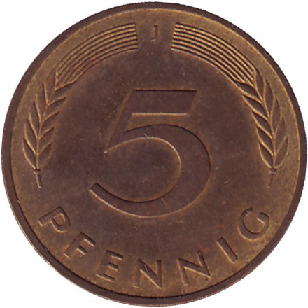 Монета 5 пфеннигов. 1985 год (J), ФРГ. Дубовые листья.
