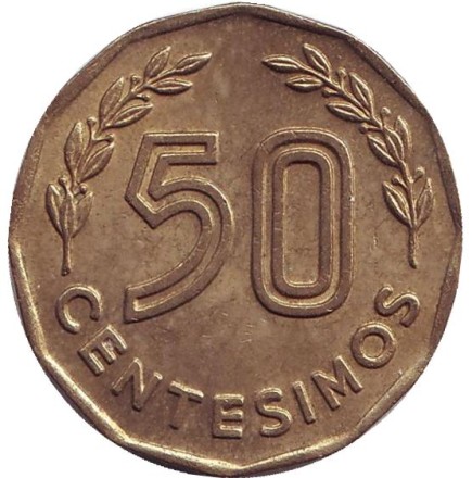 Монета 50 сентесимо. 1976 год, Уругвай. Чаша весов.