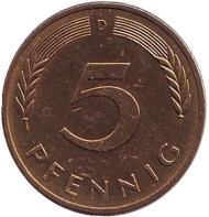 Монета 5 пфеннигов. 1988 год (D), ФРГ. Дубовые листья. Монета 5 пфеннигов. 1988 год (D), ФРГ. Дубовые листья.