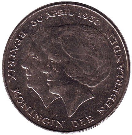 Монета 2,5 гульдена. 1980 год, Нидерланды. Коронация королевы Беатрикс.